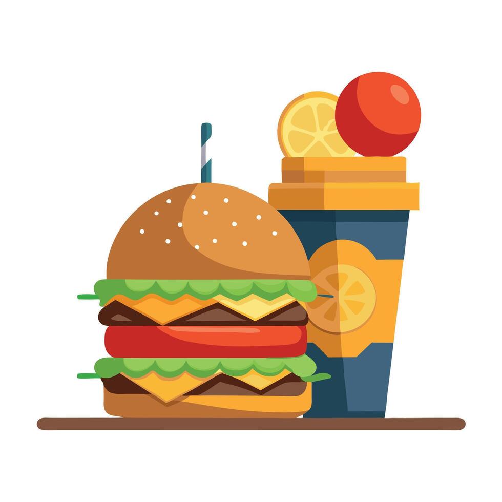 Burger And Shake. Double Cheeseburger with Fresh Onions and Tomatoes on Table vector