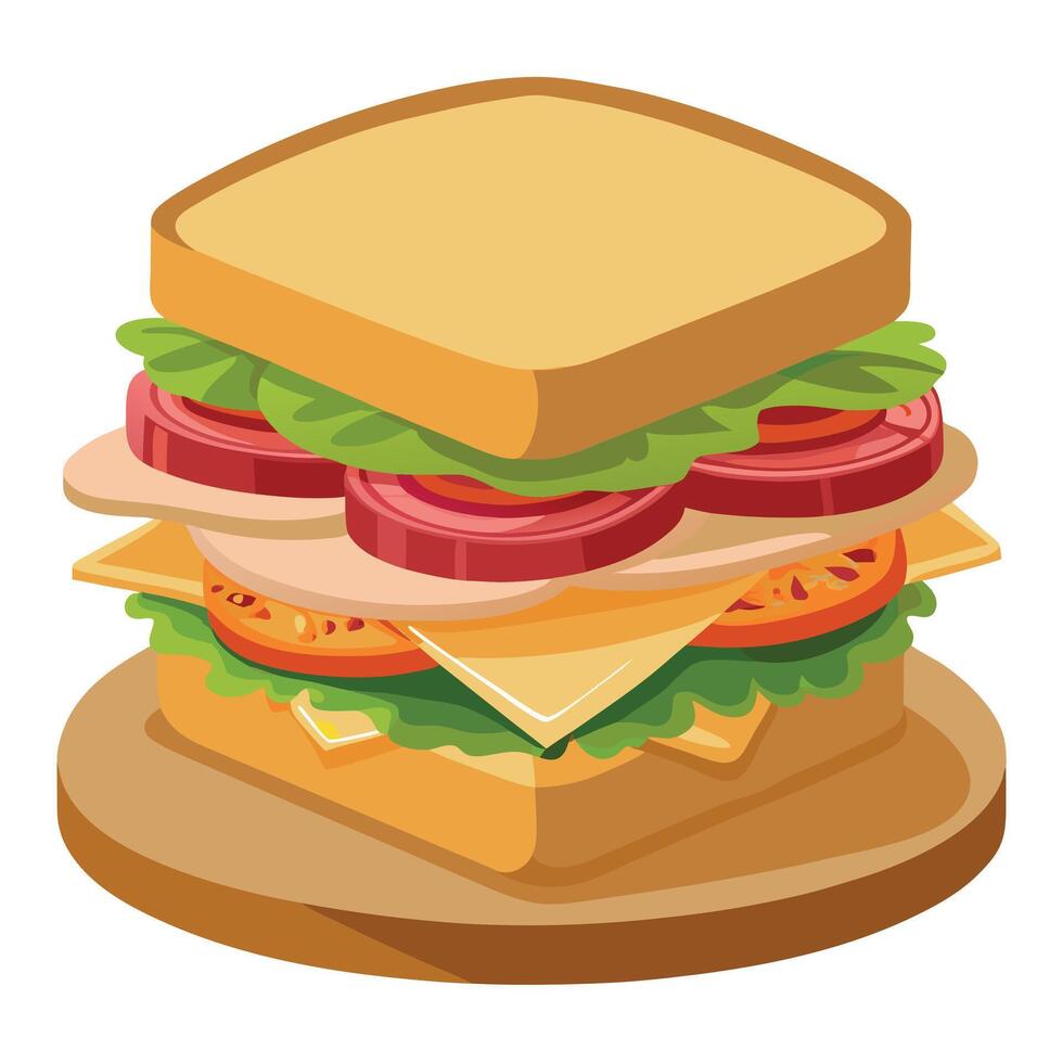 Delicious multi-layer turkey club sandwich with fresh ingredients on a rustic wood backdrop vector