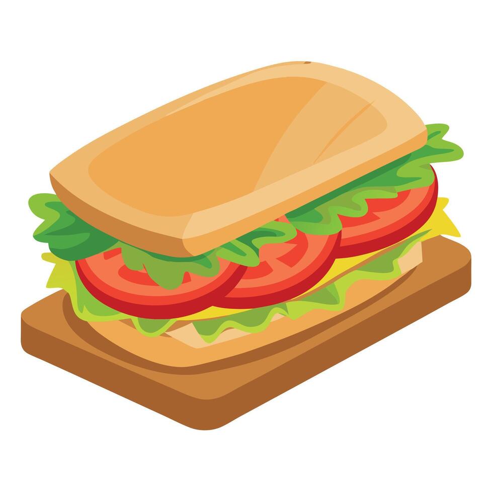 Close-up of a delicious sandwich with fresh lettuce. tomatoes. and turkey on a wooden board vector