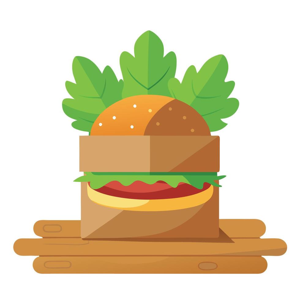 A plant-based burger in a brown paper bag. on a wooden table with arugula and onion slices. vector