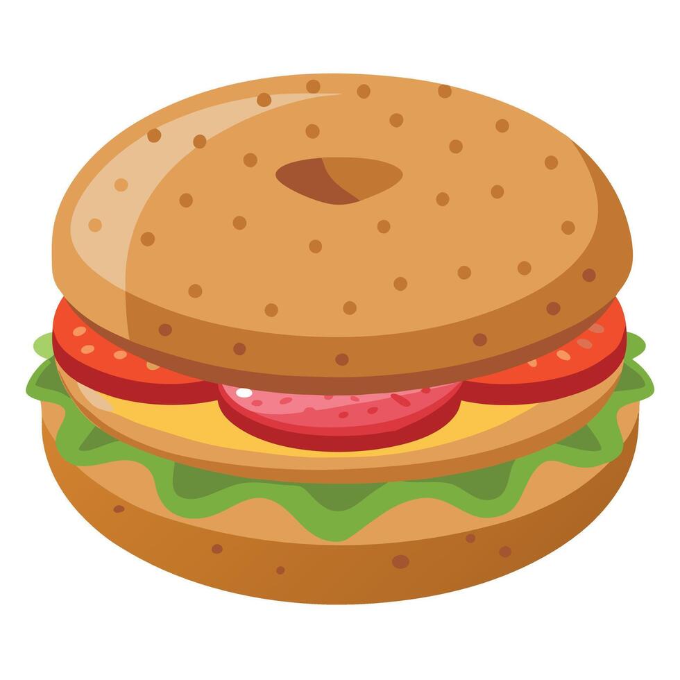 Large toasted meat and vegetable bagel sandwich isolated on white background vector