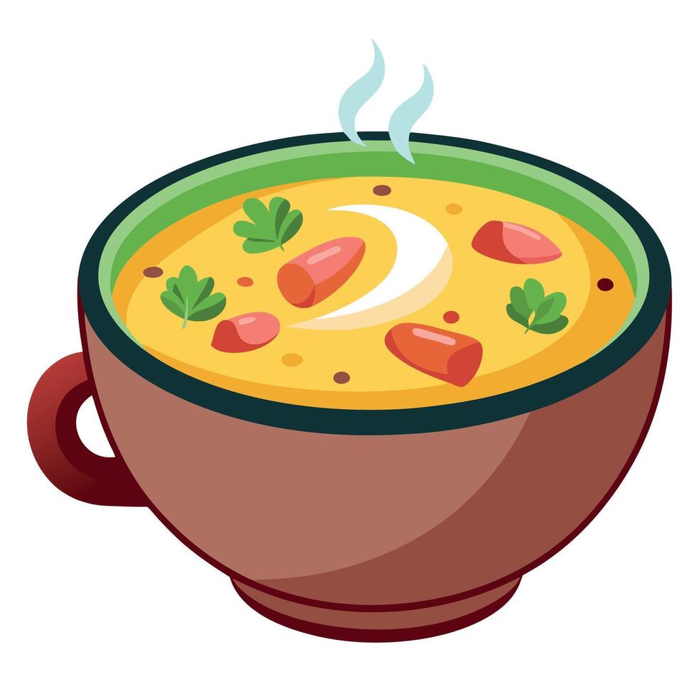 A bowl of loaded baked potato soup with ham and chiives and other seasonings. vector