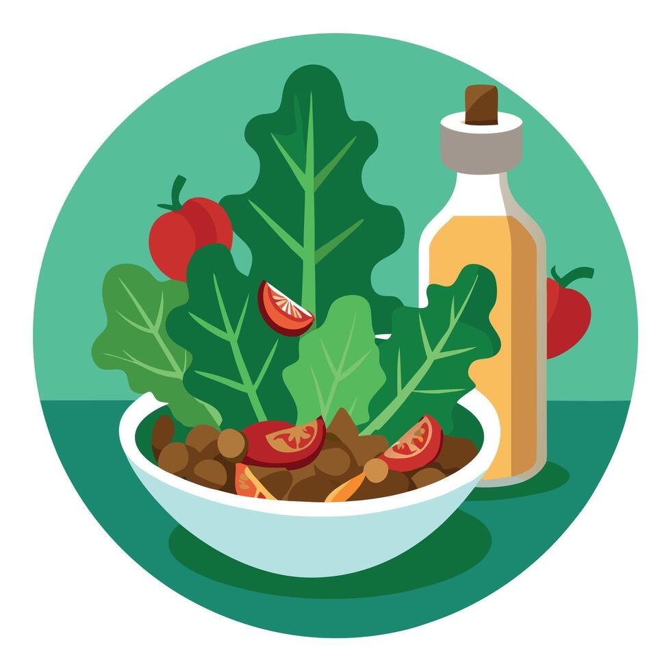 Kale salad with homemade dressing mushrooms bacon chili and balsamic vinegar vector