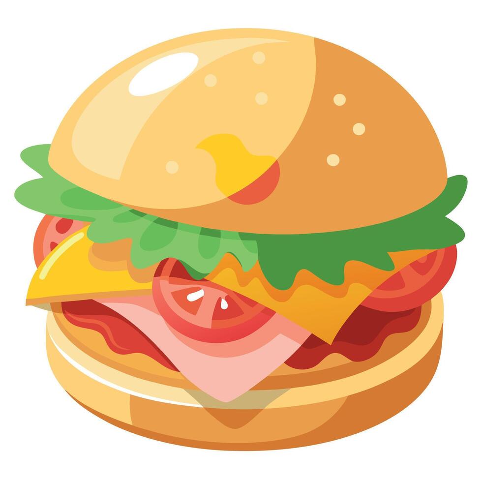 A whole sandwich for breakfast with ham. melted cheese. bacon inside. tomatoes. with herbs. vector