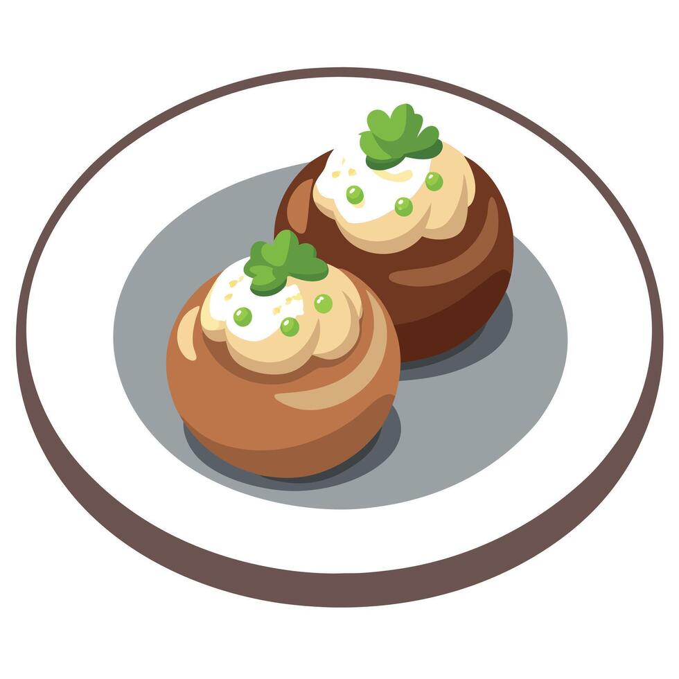 Close Up of Delicious Sausage and Cream Cheese Stuffed Mushrooms on a Plate. Ready to Serve vector