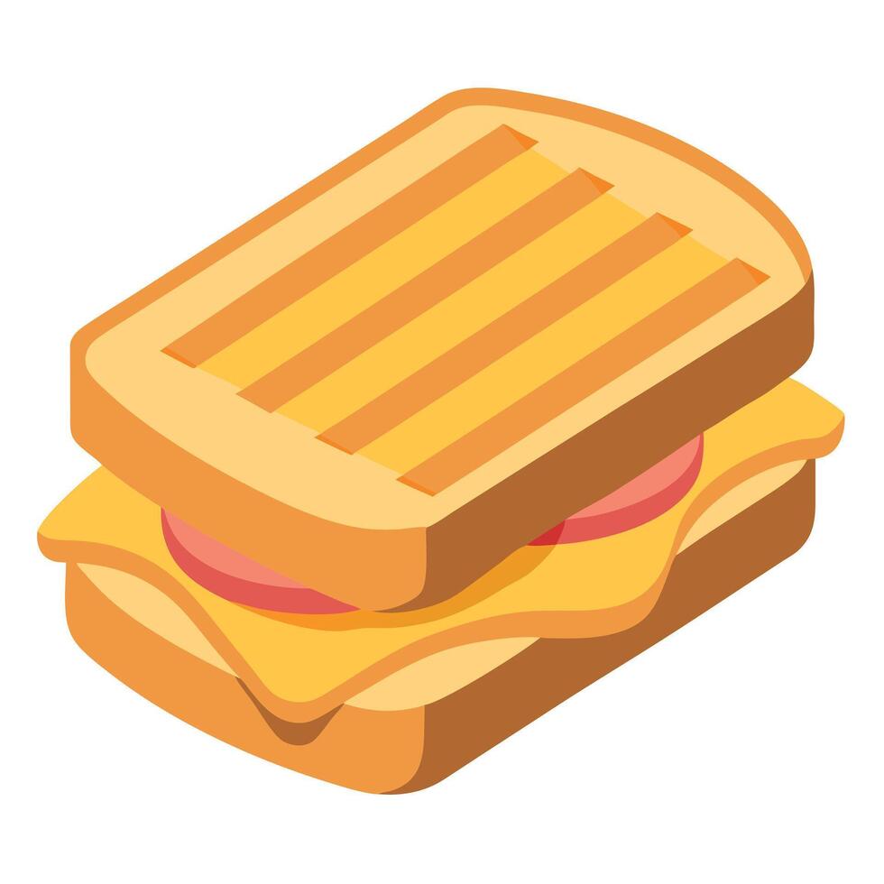 Cut cheese and ham toasted panini melt with grill marks. Isolated on white background vector