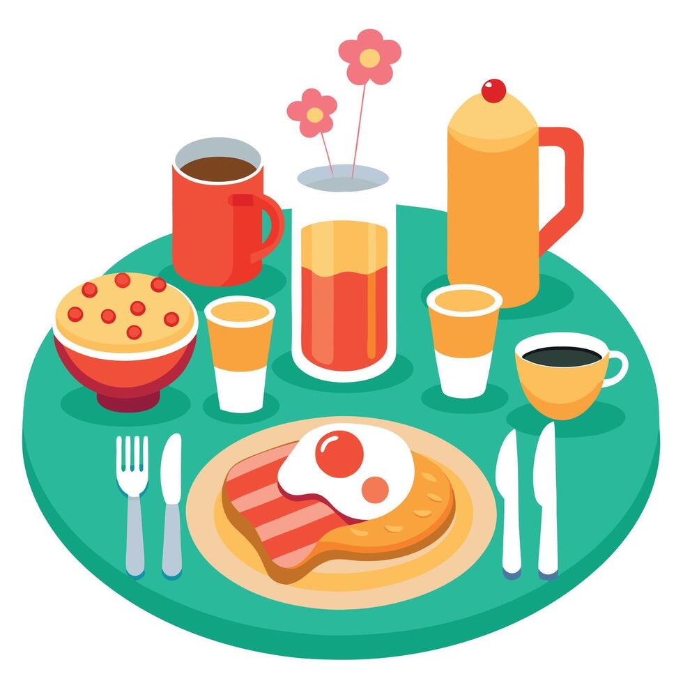 Delicious breakfast table setting with pancakes bacon and eggs with coffee and orange juice vector