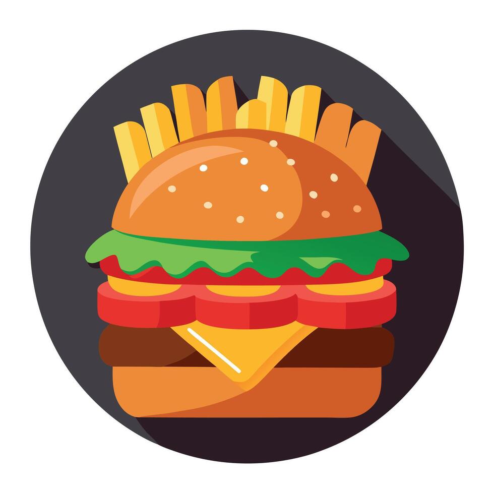Delicious burger with beef patty. tomato sauce and french fries on dark table vector