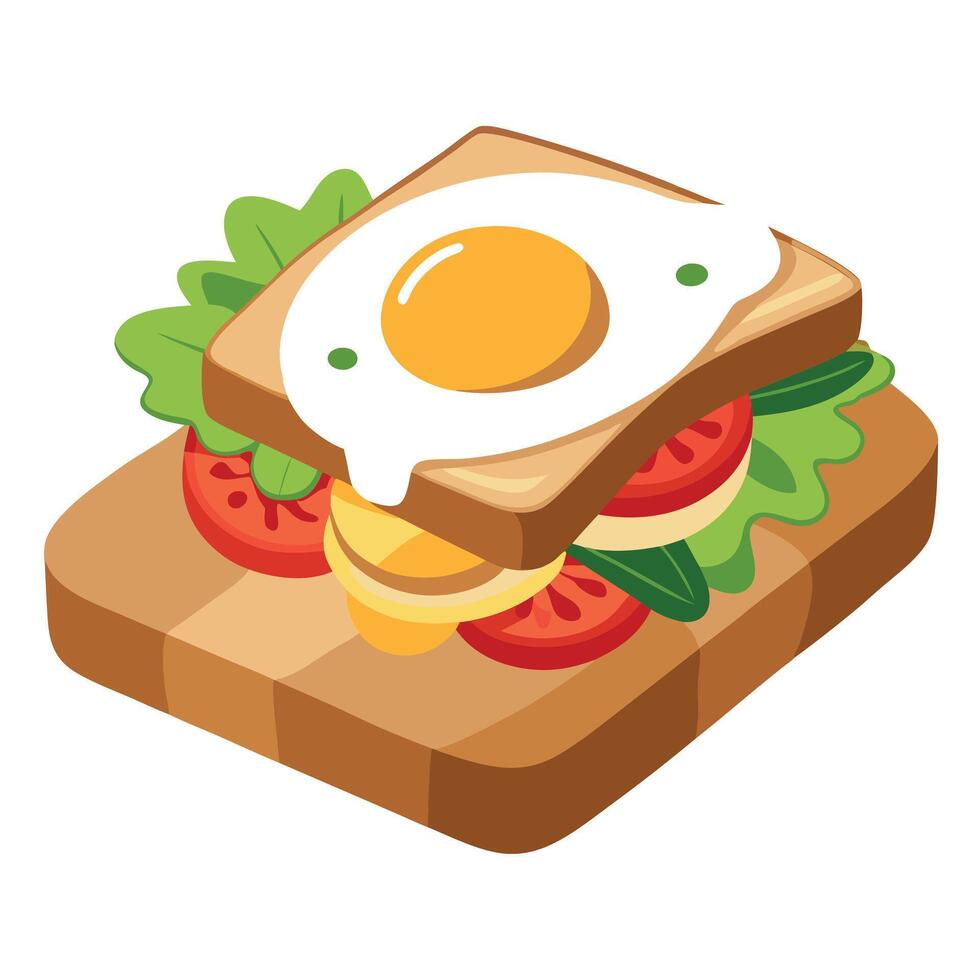 Delicious toasted sandwich with egg. tomatoes. cheese. and arugula on a rustic wooden board vector