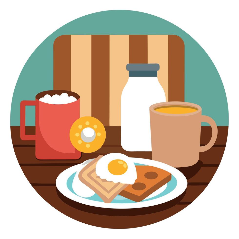 Classic english breakfast with tea and milk in a charming rustic wooden style setting vector