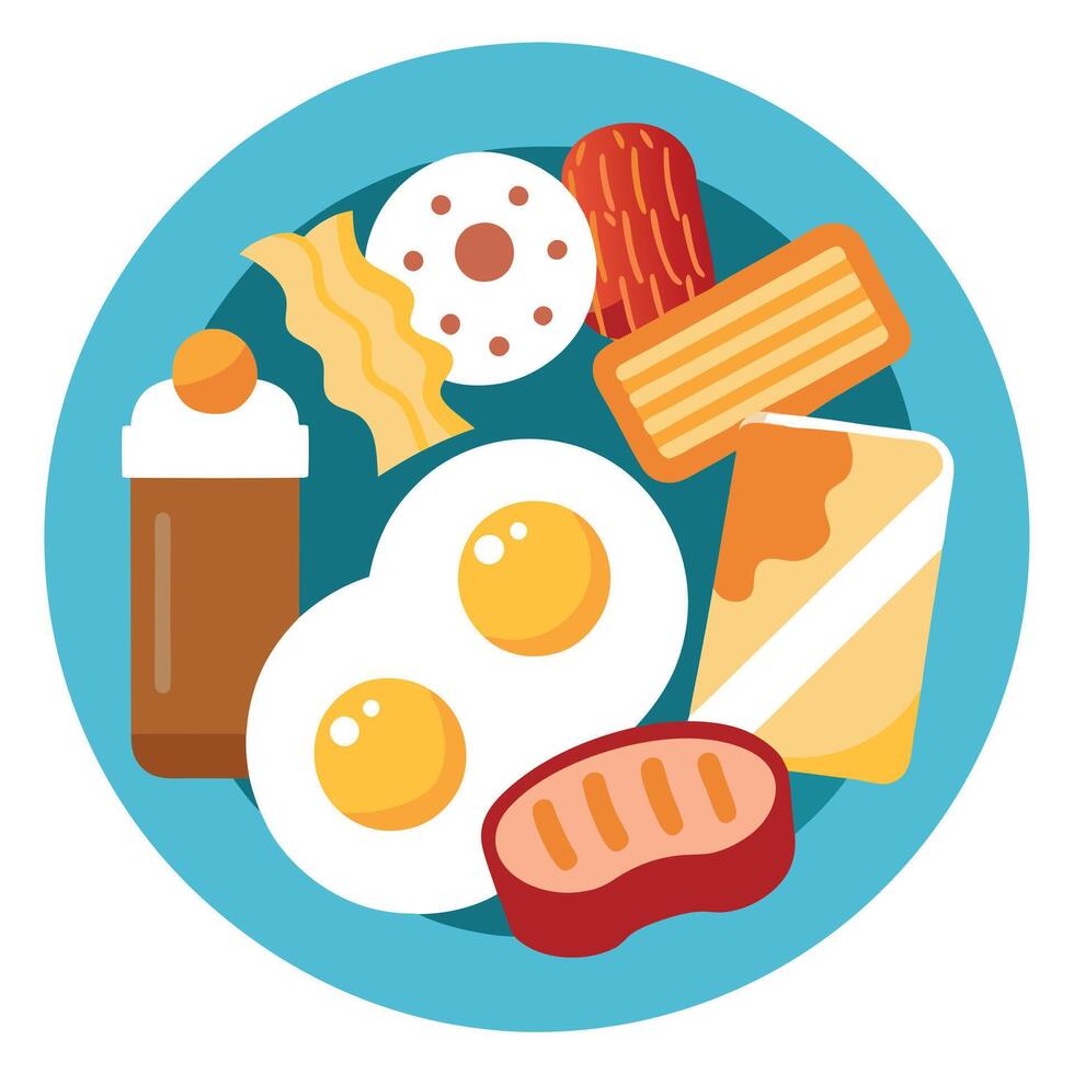 Breakfast Foods Collage Featuring Scrambled Eggs. Bacon. Poached Eggs. Toast. and Pork Meat vector