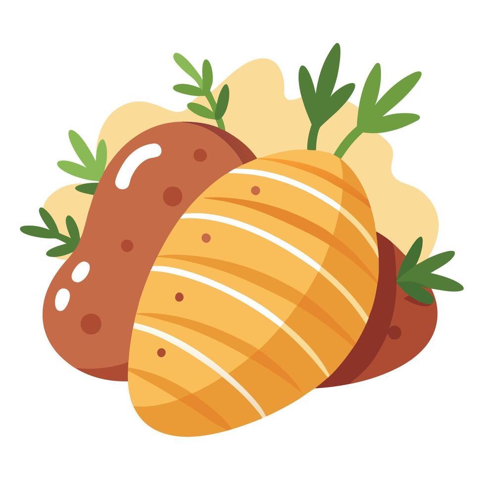 Hasselback potatoes with meat and herbs. Copy space image. Place for adding text vector