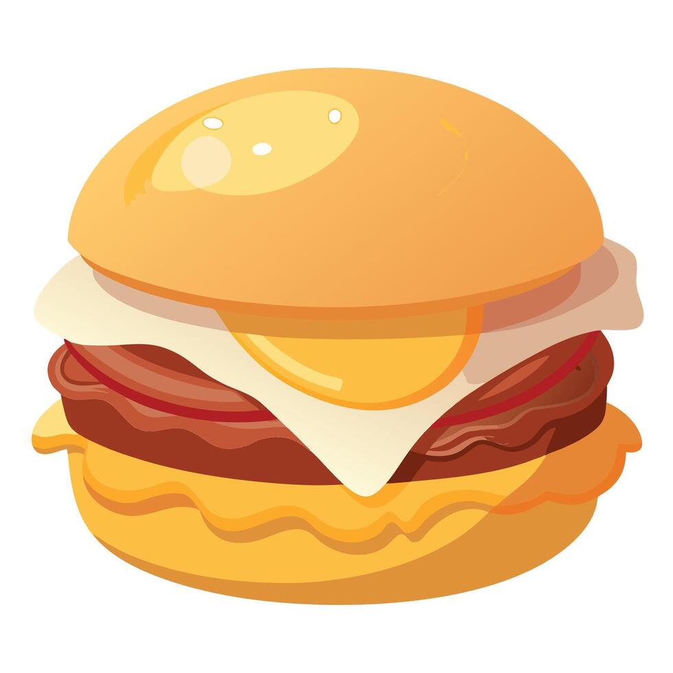 Close-up of a greasy and delicious breakfast sandwich with eggs. bacon. and cheese on a buttered bun vector