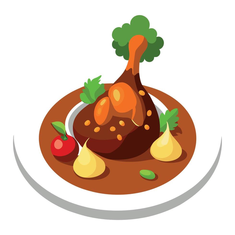 A plate of coq au vin. a classic French dish of chicken braised in red wine with mushrooms and bacon vector