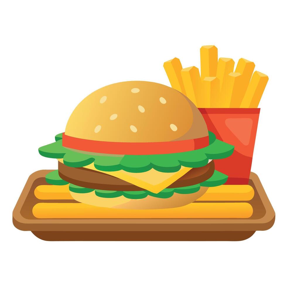 A juicy cheeseburger with lettuce. tomato. and pickles. served with a side of crispy fries on a tray vector