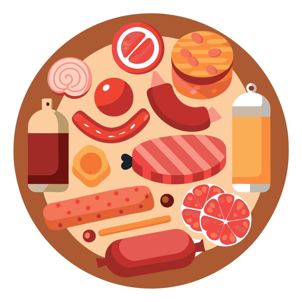 Assortment of cold meats. variety of processed cold meat products. On a wooden background. Top view. vector