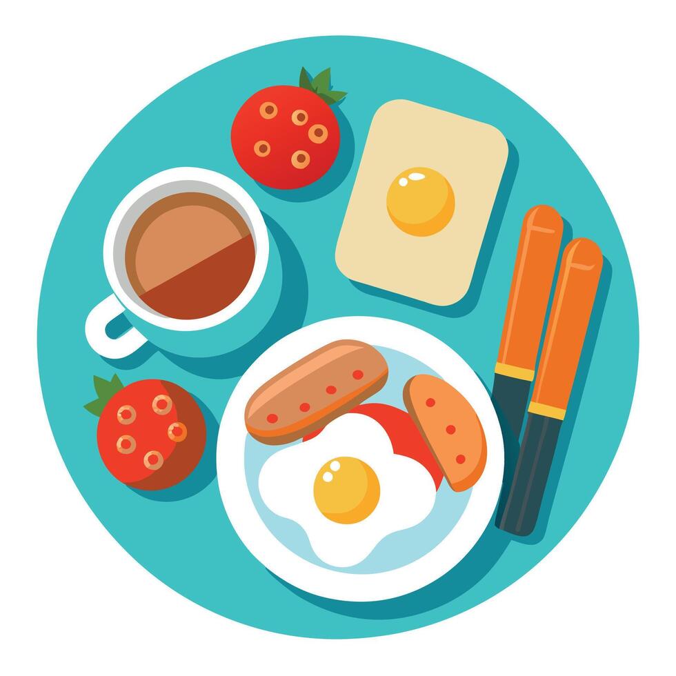 Breakfast with fried eggs. tomatoes. sausages and toast on plate and tea. Hearty and nutritious food vector