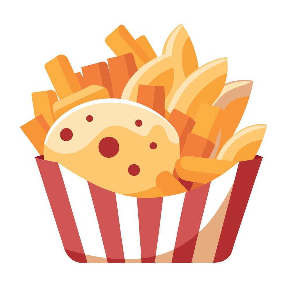 Cheesy fries with melted cheddar and bacon bits. served in a vintage basket with a side of sour crea vector