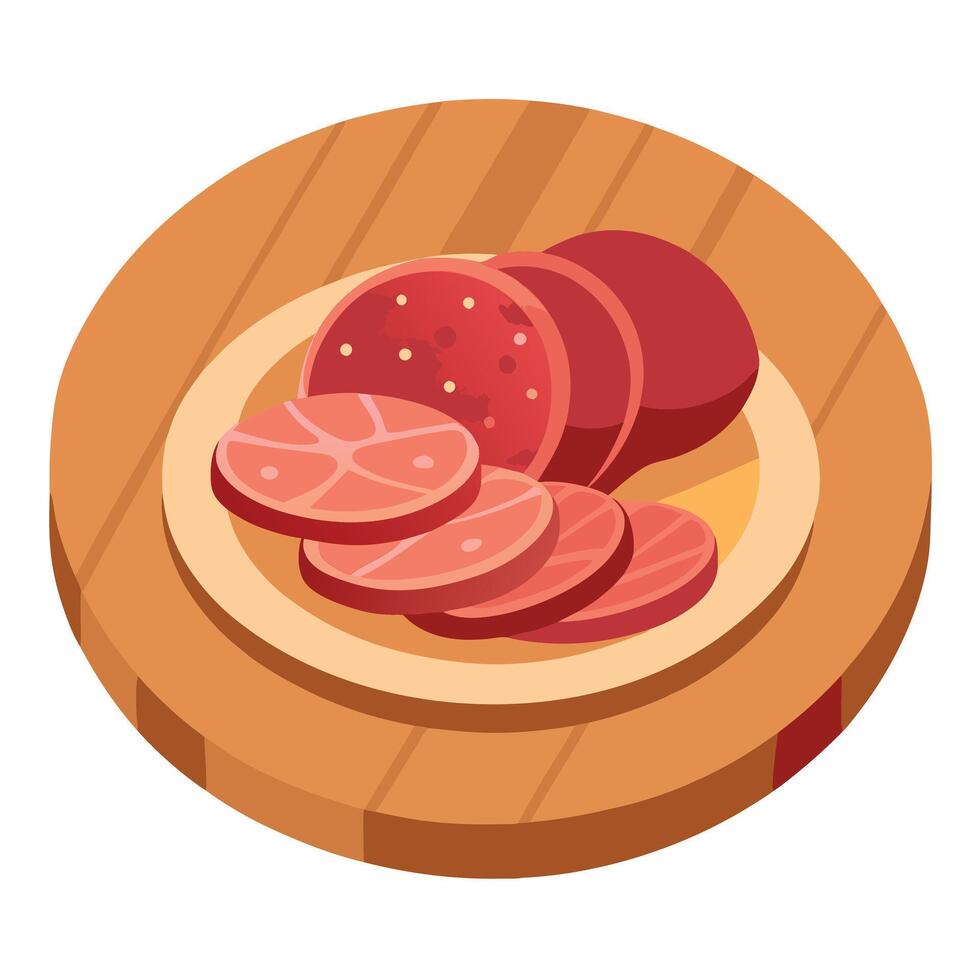 A wooden plate with slices of pastrami. dried beef meat seasoned with herbs. is displayed on a woode vector