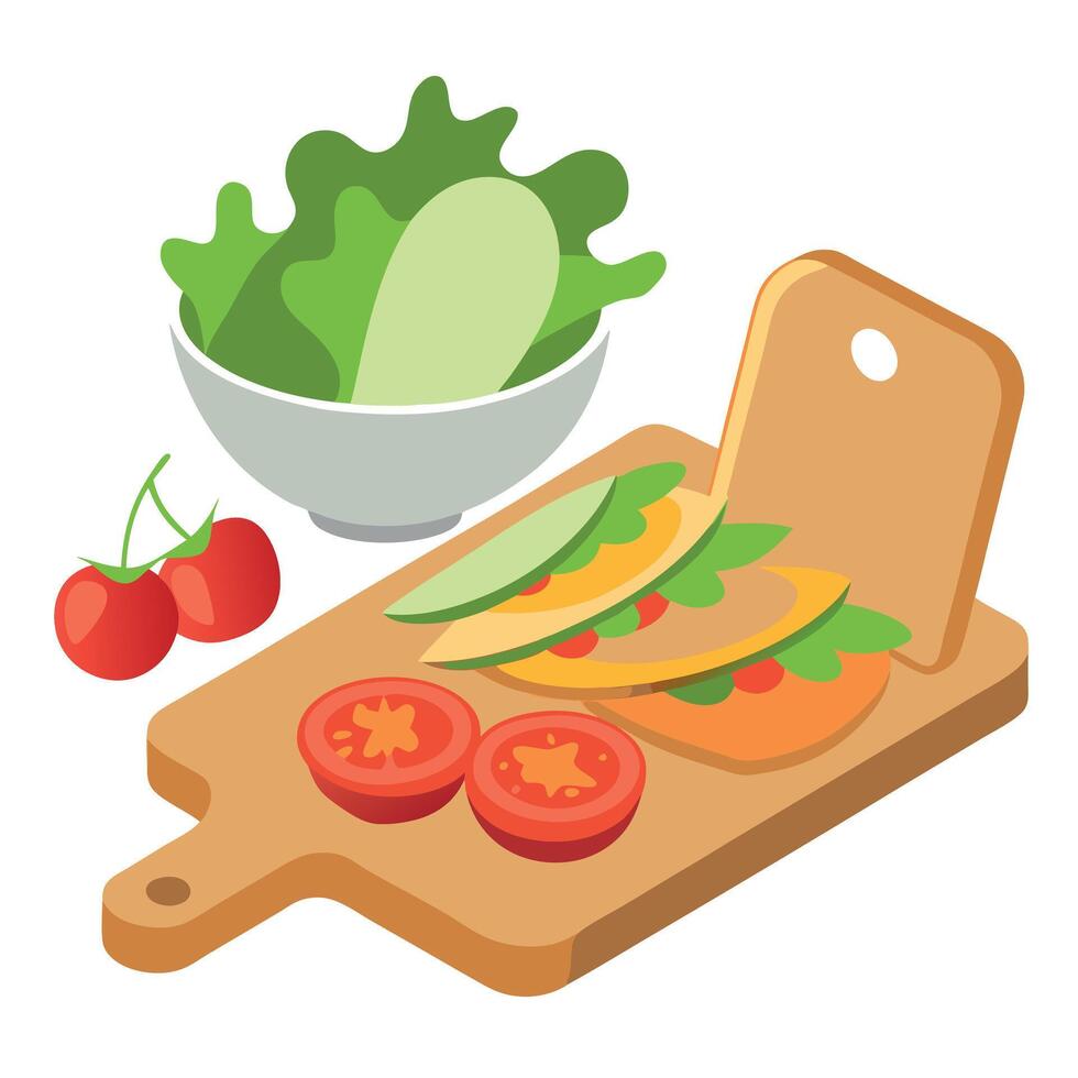 A cutting board with a sandwich containing carrots. lettuce. and cucumbers next to a bowl of tomatoe vector