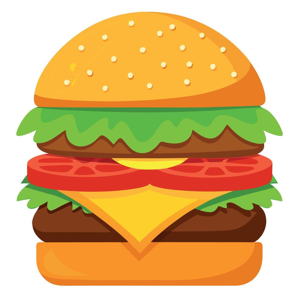 An appetizing burger stacked high with a juicy patty. fresh lettuce. ripe tomatoes. and melted chees vector