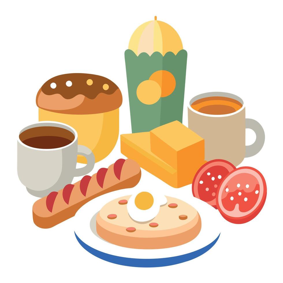 A traditional German breakfast with assorted cold cuts. cheeses. bread rolls. and a soft-boiled egg. vector