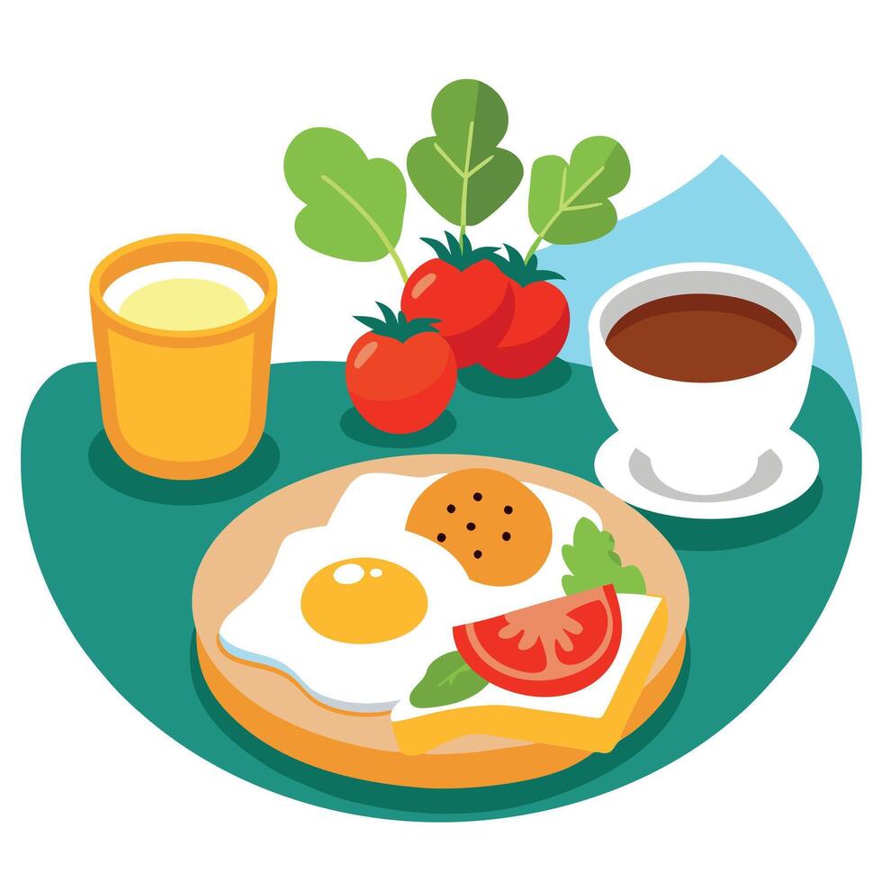 Delicious breakfast with sunny-side-up eggs. toast. fresh salad. and coffee on a sunny morning table vector