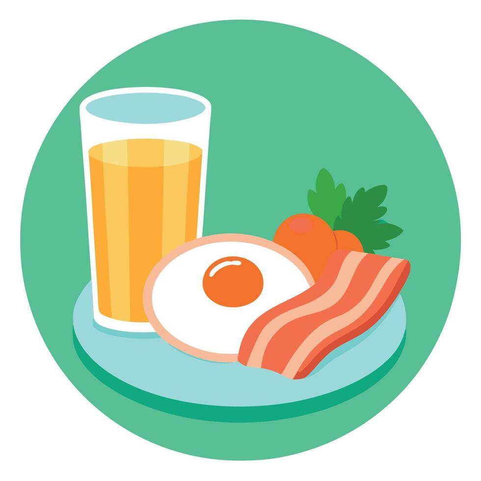 A plate of bacon and egg with parsley on top. The plate is on a table next to a glass of orange juic vector