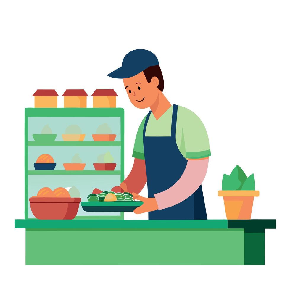 A deli employee preparing sandwiches and salads for the deli counter. Grocery store. blurred backgro vector