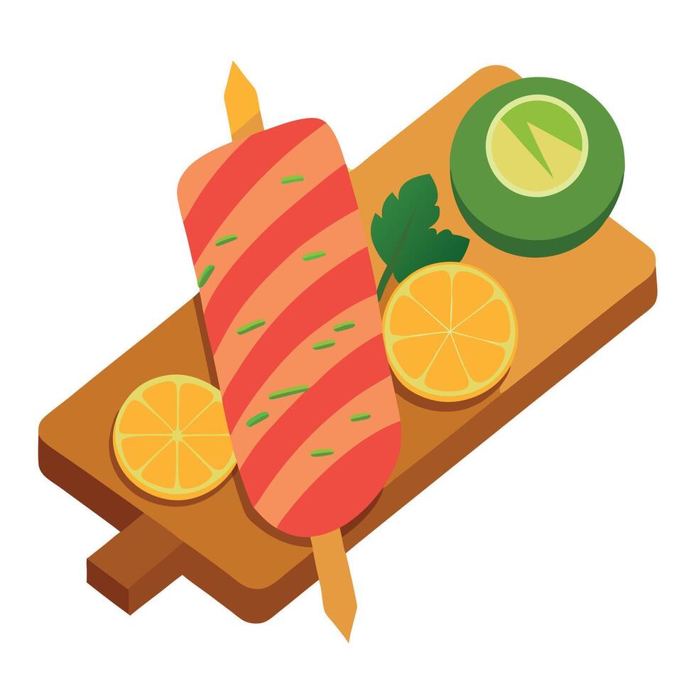 Grilled bacon wrapped corn on a stylish serving board accompanied by lime wedges and a dipping sauce vector