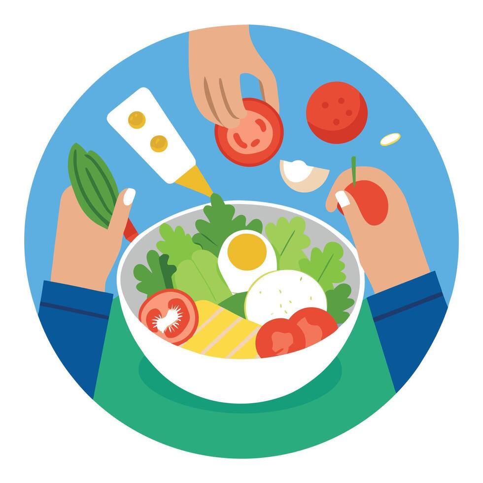 Hand dressing cobb salad with chicken avocado bacon blue cheese tomato and eggs Classic American Ket vector