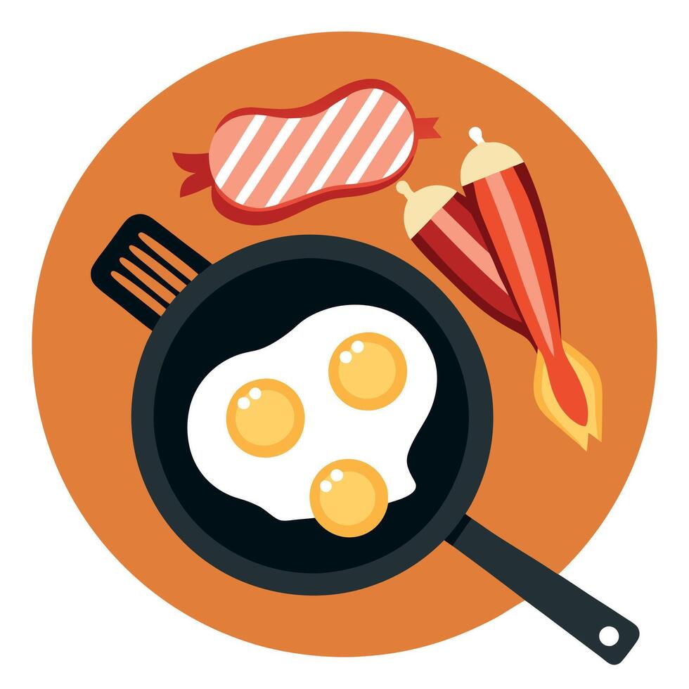 A frying pan. brimming with eggs and bacon. sits atop a wood-burning stove A nearby spatula awaits u vector