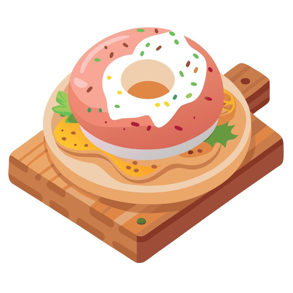 Close-up of a Savory Bacon and Egg Bagel with Sesame Seeds on Wooden Board. bagel. bacon. egg. break vector