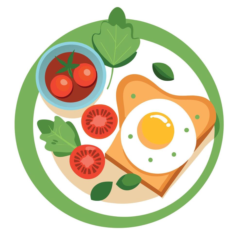 Healthy breakfast with avocado toast. fried eggs. cherry tomatoes. and spinach leaf on wooden table. vector
