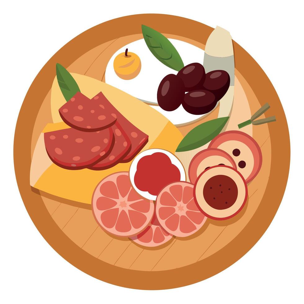 A platter of charcuterie featuring cured meats. sliced prosciutto. salami. and a selection of olives vector