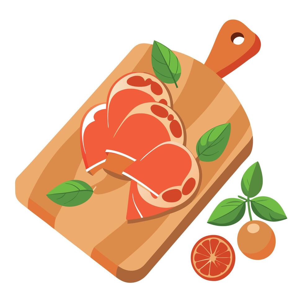 A wooden cutting board with sliced prosciutto. fresh basil leaves. and tomatoes on the side. vector