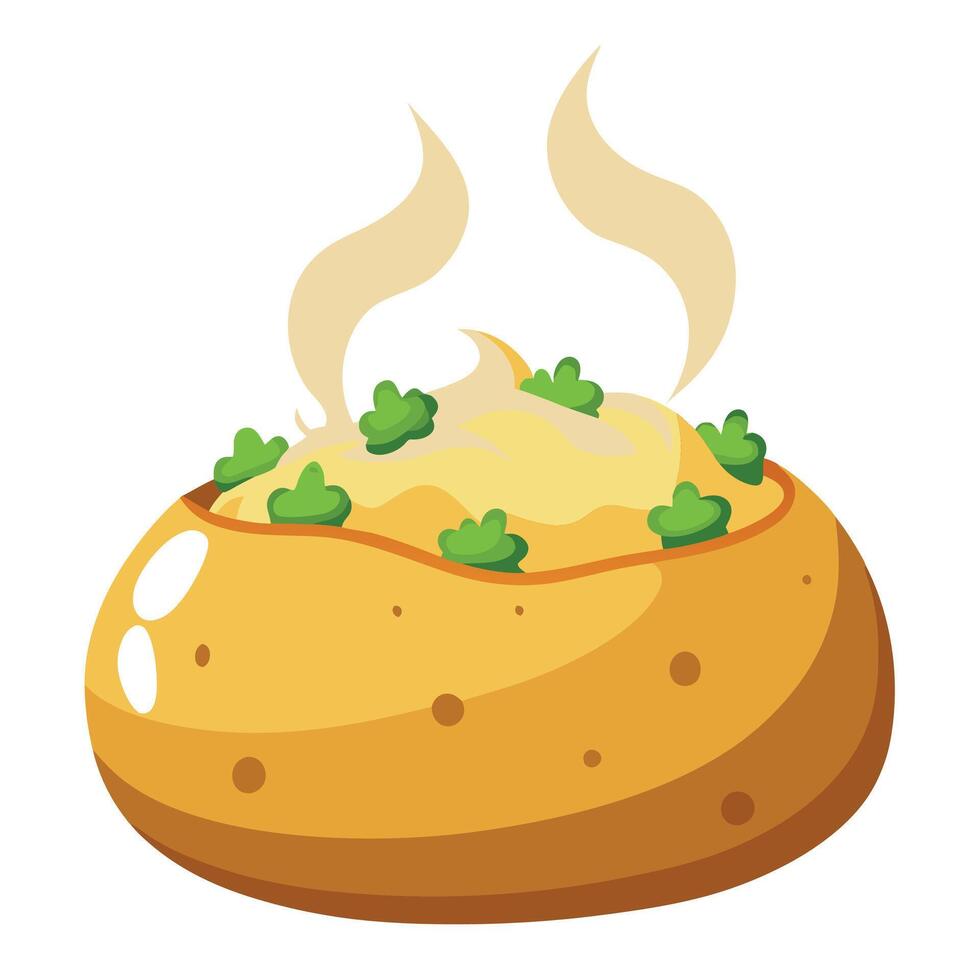 A close-up of a loaded baked potato with sour cream. cheese. and chives. steaming hot and ready to e vector