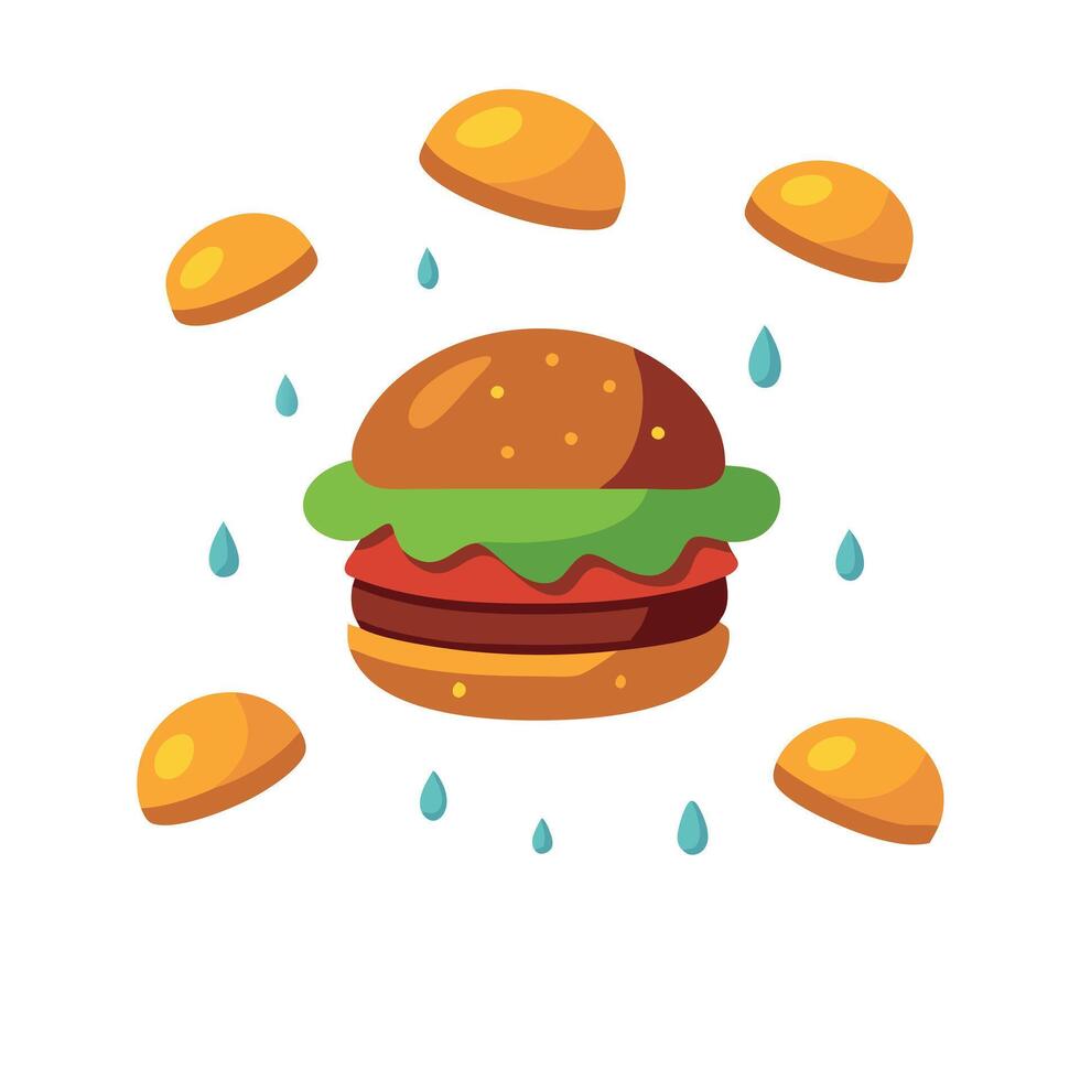 Delicious beef burger falling from the sky with more burgers surrounding it. It's raining hamburgers vector