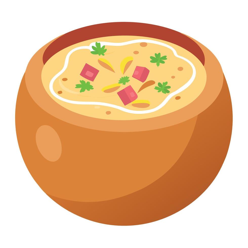 Delicious creamy soup served in a bread bowl. topped with bacon and chives. perfect for a comforting vector