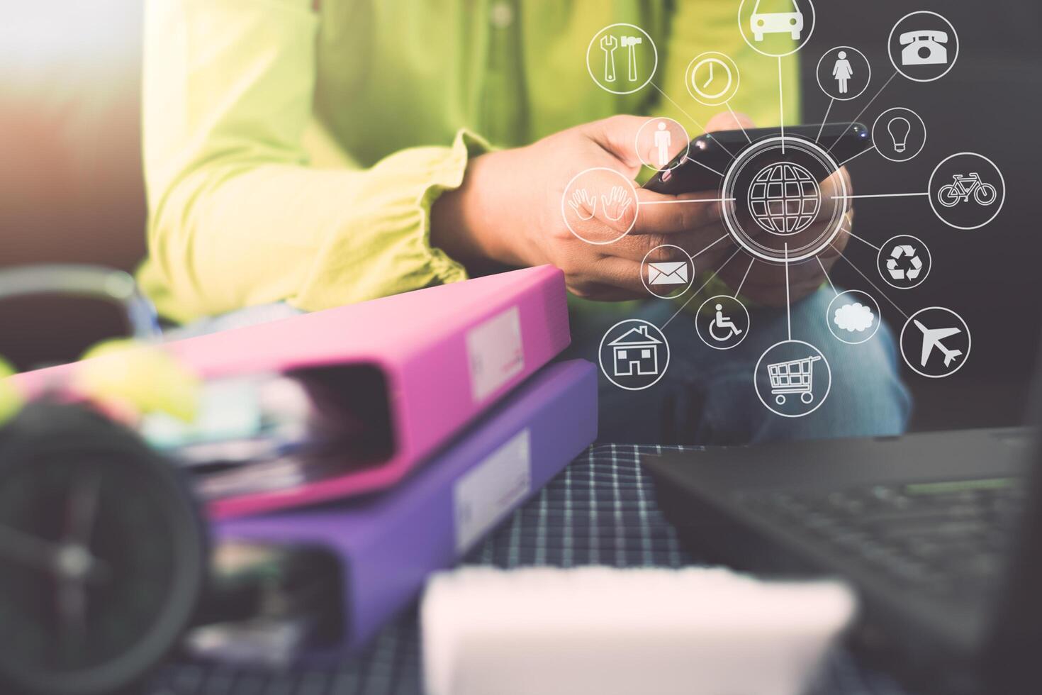 Hands of woman using mobile phone for payments online shopping with virtual icon diagram. photo
