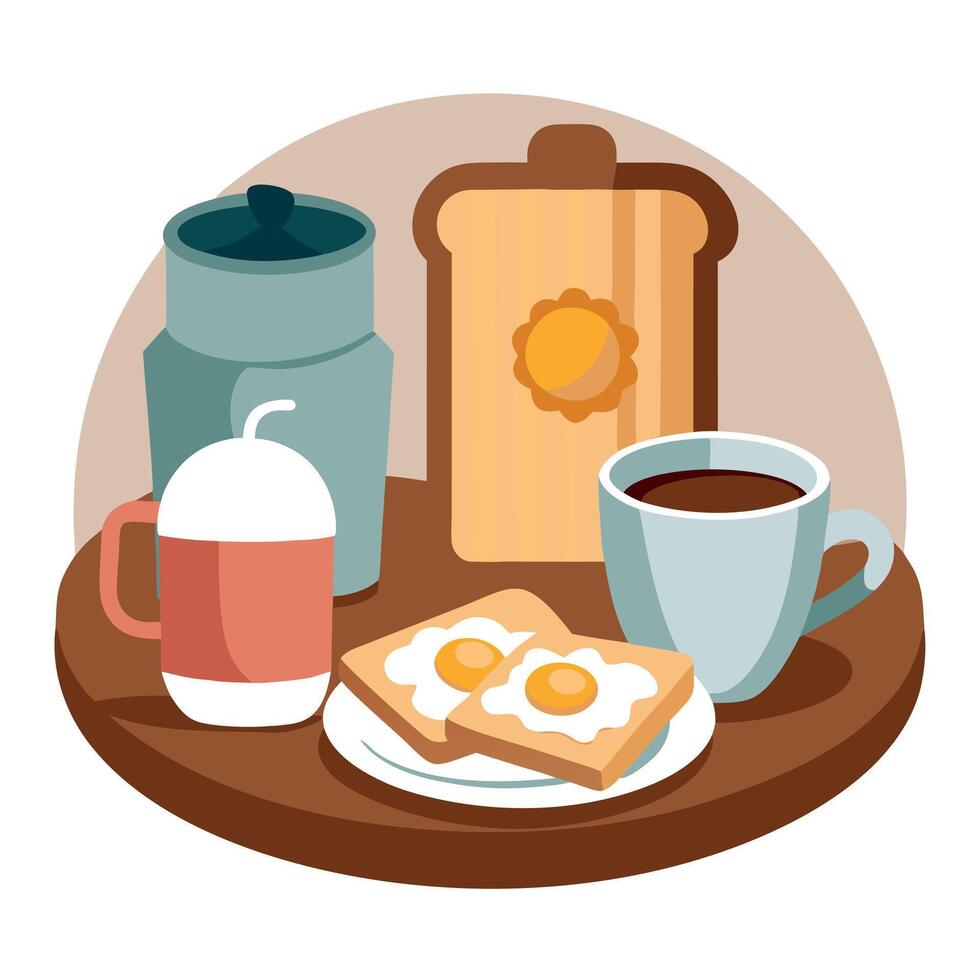 Classic english breakfast with tea and milk in a charming rustic wooden themed setting vector