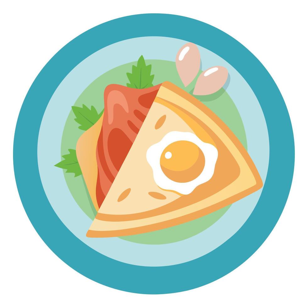 A savory French crape with ham. cheese. and a fried egg. served on a decorative plate. vector