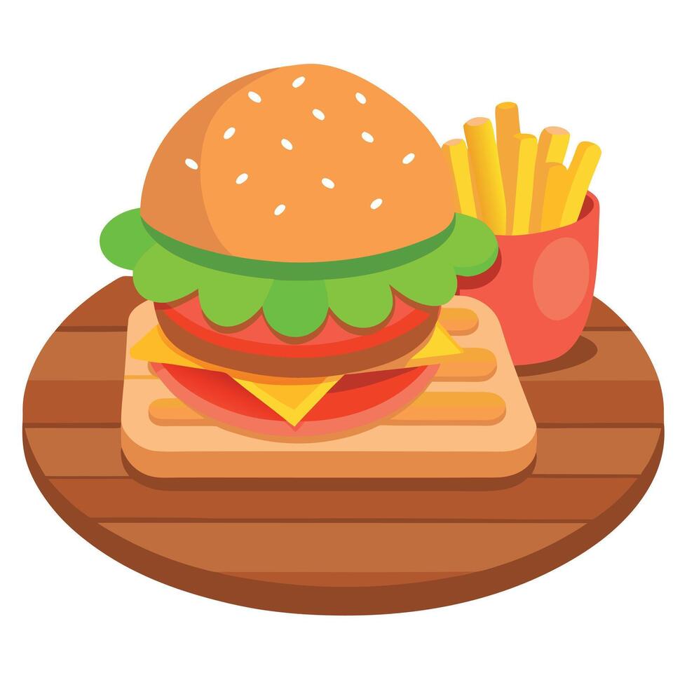 Burger with tomatoes lettuce and pickles on a wooden plate and fries at the back vector