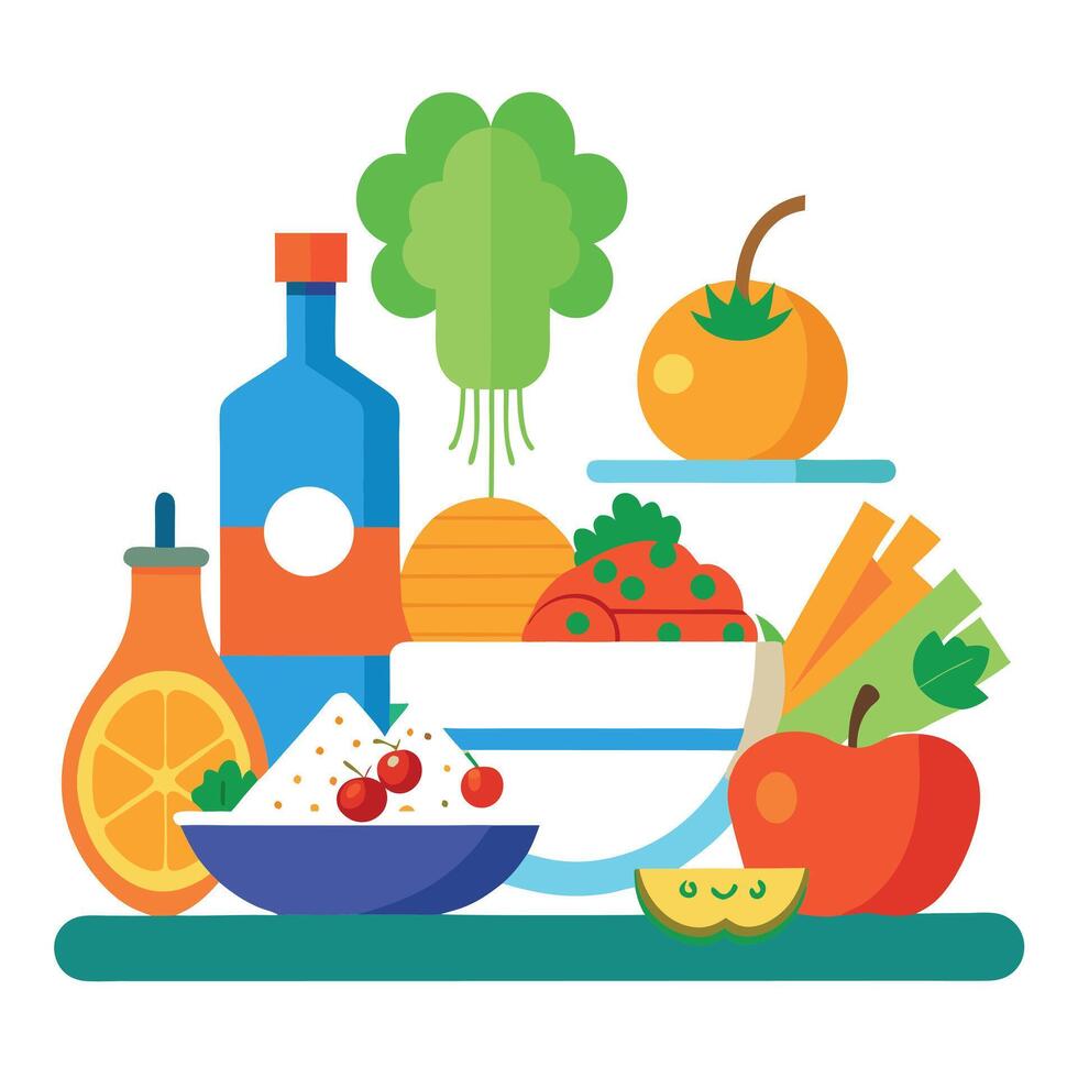A table with a variety of food items including vegetables. fruits. and pasta vector