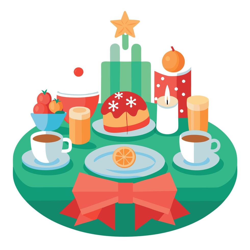 A close-up of a beautifully arranged Christmas breakfast table. vector