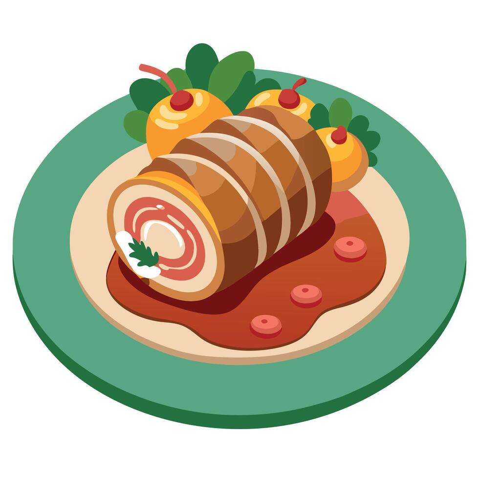 German pork roulades with vegetables bacon and spicy gravy on a fancy plate vector