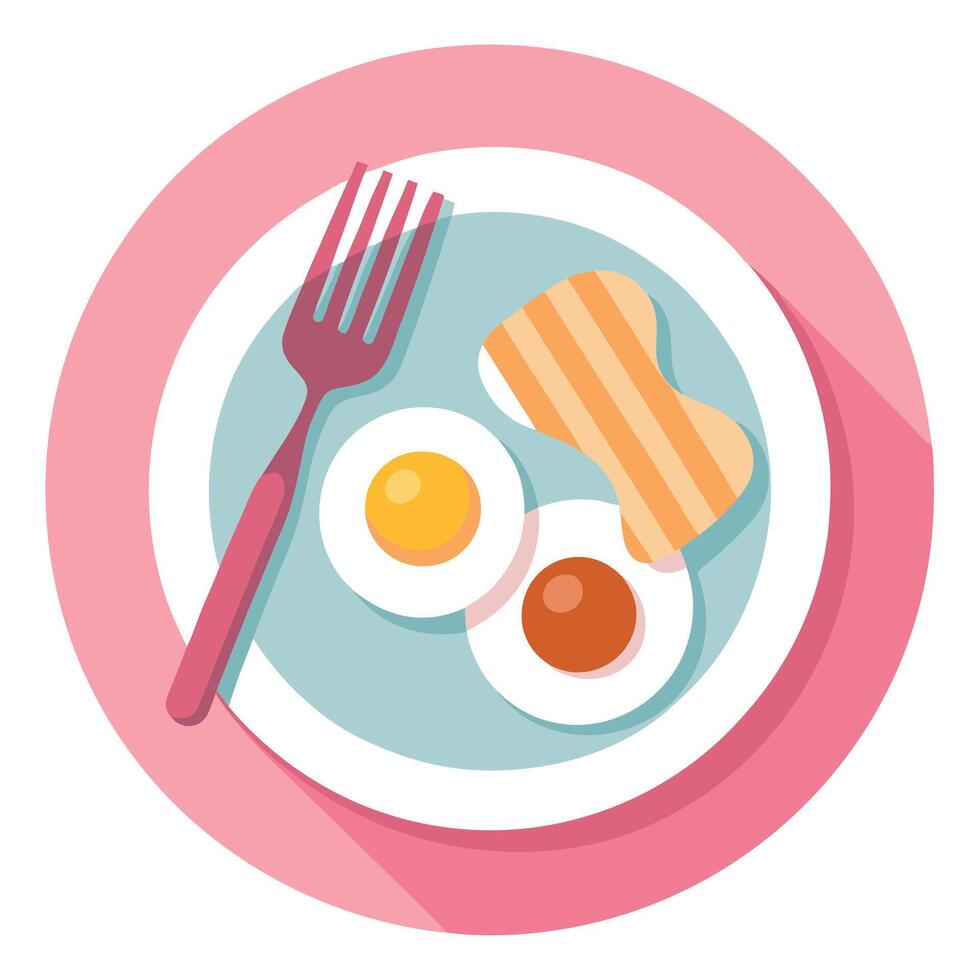 A pink plate on A white tablecloth with cutlery. Two fried eggs and bacon. vector