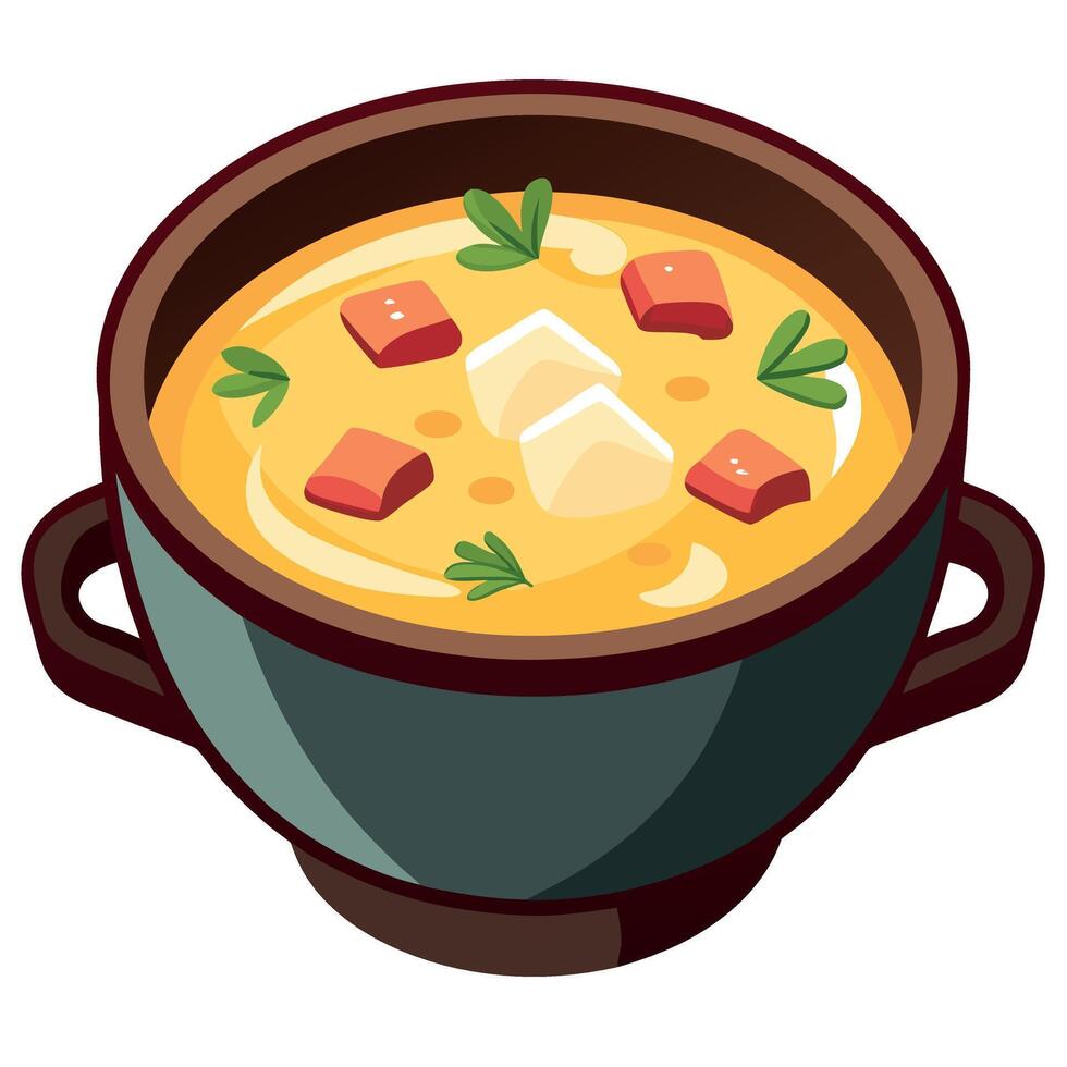 A hearty potato soup with chunks of potato. bacon. and cheese. served in a rustic bowl. vector