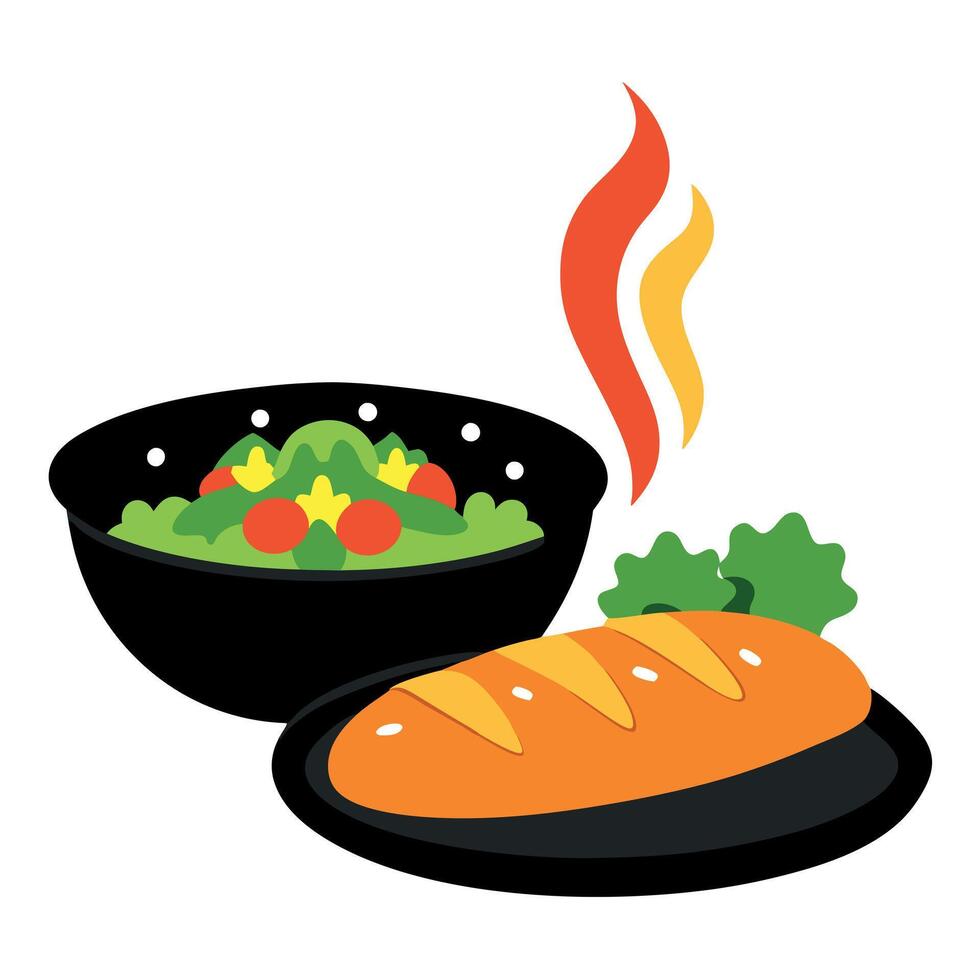 Hot dish on a black plate. salad on a black plate and baguette with filling vector