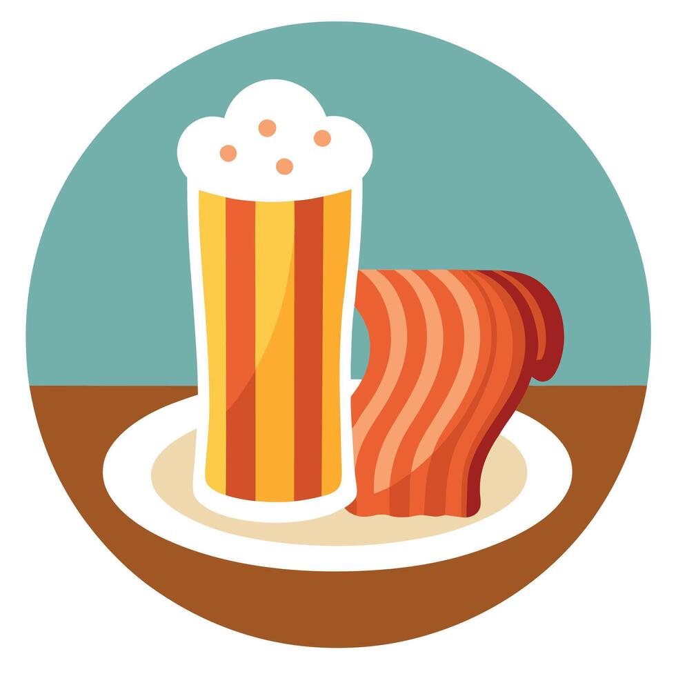 A plate of crispy bacon sits next to a glass of foamy beer on a wooden table vector